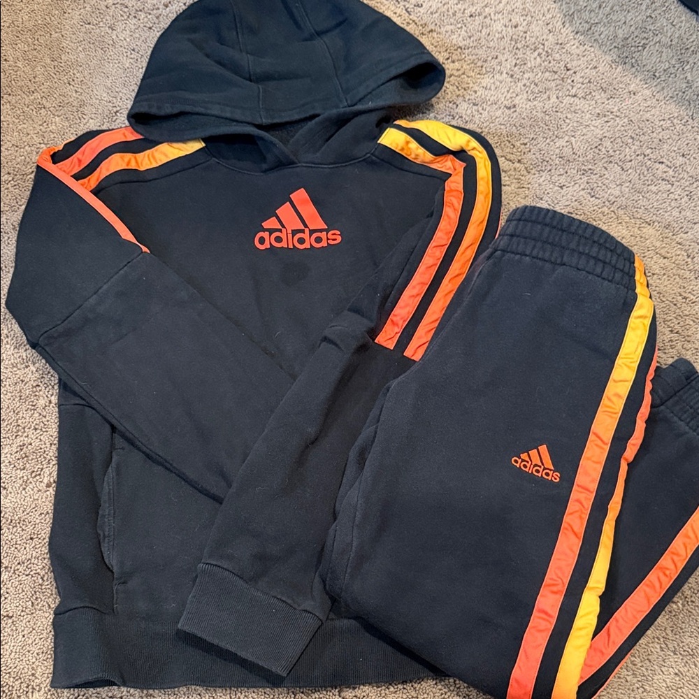 Adidas Kids Black Joggers with Orange and Yellow Stripes
